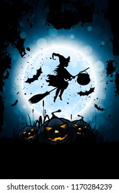 Halloween Background with Whitch and Pumpkin Grass and Bats
