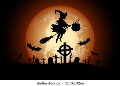 Halloween Background with Whitch and Zombie. Holiday Card with Zombie Hands.