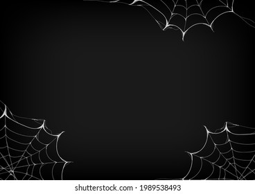 Fondo de Halloween. Vector cobweb blanco aislado en fondo negro oscuro. Espacio para el gráfico. El diseño aterrador. Estilo de caricatura. Ilustración vectorial.
