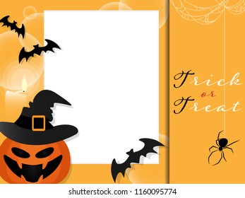 Halloween background white frame for your copy space with Halloween pumpkin wearing witch hat, flying bats, spider with cobweb and Trick or Treat text on yellow background. Vector illustration.