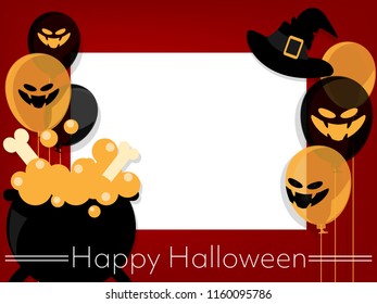 Halloween background of white frame for your copy space with magic potion with bones in cauldron, witch hat, creepy balloons and Happy Halloween text on red background. Vector illustration.