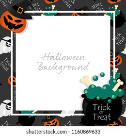 Halloween background of white frame for your copy space with magic potion with bones in witch's cauldron, Halloween pumpkins wearing witches hat, cute ghost and Trick or Treat text on gray background.