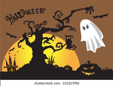 Halloween background with white ghost and bats in the air