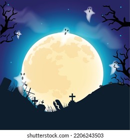 Halloween Background With White Ghost, full moon, pumpkins and trees.Vector illustration