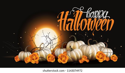 Halloween background with white pumpkins and orange roses vector illustration. Romantic and elegant halloween background.