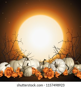Halloween background with white pumpkins and orange roses vector illustration. Romantic and elegant halloween background for poster. Branche silhoettes without leaves on full moon background.