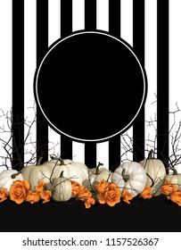 Halloween background with white pumpkins and orange roses vector illustration. Elegant and fashion halloween background for poster. Branche silhoettes.