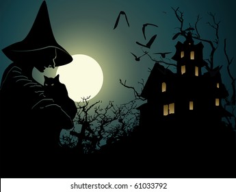 Halloween background with wich and hounted house