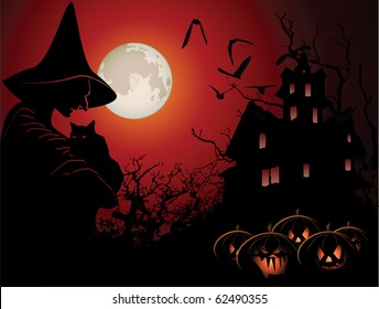 Halloween background with wich and hounted house