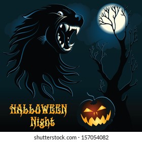 Halloween Background with Wild Wolf and Pumpkin