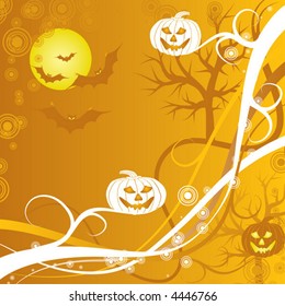 Halloween background with witch, bats and pumpkin, vector illustration