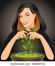 Halloween background with witch brewing magic potion in cauldron. Halloween concept. Vector illustration.