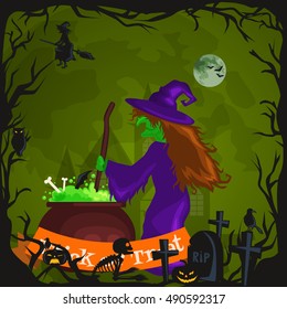 Halloween background. Witch brews a potion in cauldron.