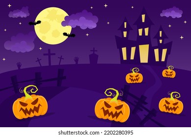 Halloween background with witch castle and pumpkins.