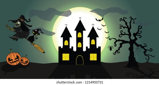 Halloween  Background witch & cat illustrator