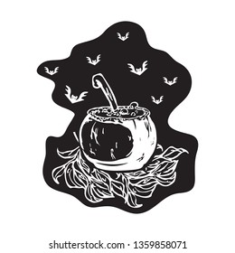Halloween background with witch cauldron and bats. Hand-drawn vector illustration.