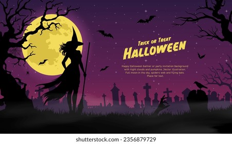 Halloween background with witch, cemetery and full moon. Vector illustration