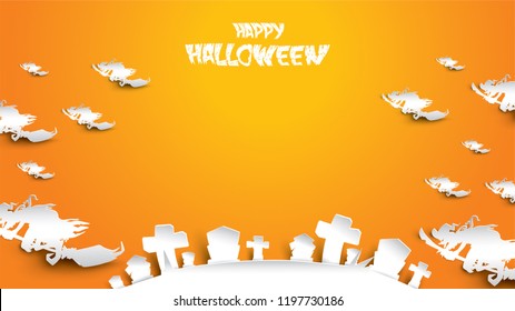 Halloween background with witch and cemetery gravestone in paper art carving style. banner, poster, Flyer or invitation template party. Vector illustration.