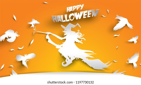 Halloween background with witch, crow and broomstick in paper art carving style. banner, poster, Flyer or invitation template party. Vector illustration.