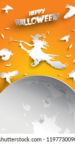 Halloween background with witch, crow, moon and broomstick in paper art carving style. banner, poster, Flyer or invitation template party. Vector illustration.