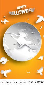 Halloween background with witch, crow, moon and broomstick in paper art carving style. banner, poster, Flyer or invitation template party. Vector illustration.