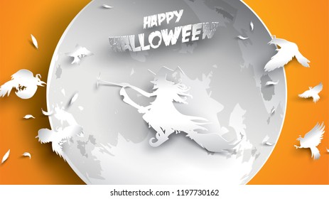 Halloween background with witch, crow, moon and broomstick in paper art carving style. banner, poster, Flyer or invitation template party. Vector illustration.
