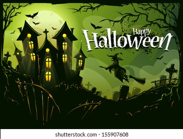 Halloween background with witch flying to castle. Cemetery landscape, scary trees, bats and road house. Halloween poster. Vector illustration. 