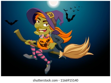 Halloween background. Witch flying on a broomstick and holding a pumpkin with sweets. Vector flat illustration
