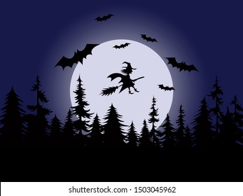 Halloween background the witch flying on her broomstick under full moon night above pine tree forest.  Halloween day 31 October is a celebration in several countries