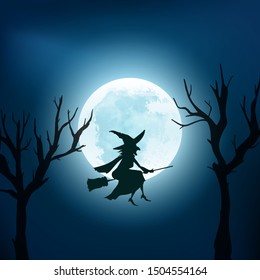 Halloween background. witch flying on a broomstick on the background of a full moon. Vector illustration.