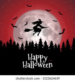 Halloween background. Witch flying on a broomstick on the background of a full moon over the cemetery. Red moon and sky. Coven. Vector illustration