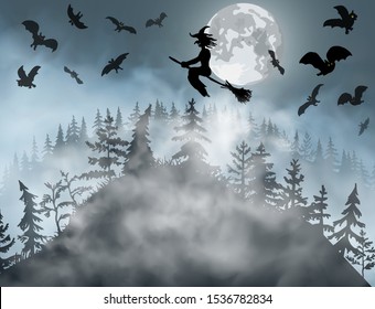 Halloween background with witch flying on the broom above the scary dark forest. Full moon is shining on the sky through the realistic smoke clouds. Vector illustration.