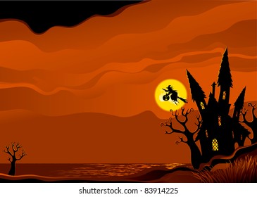 Halloween background. Witch flying on broom from her house.