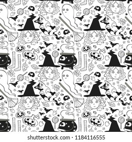 Halloween background. Witch, ghost, broom, bat. Autumn leaves and acorns. Seamless pattern (print).