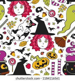 Halloween background. Witch, ghost, broom, bat. Autumn leaves and acorns. Seamless pattern (print).