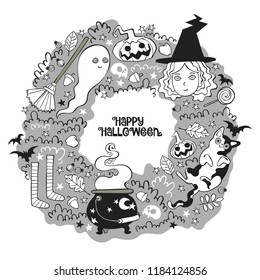 Halloween background. Witch, ghost, broom, bat. Frame round. Lettering.