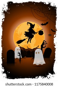 Halloween Background with Witch and Ghosts. Holiday Card with Ghosts and Moon.