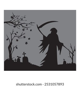 halloween background with witch and grave