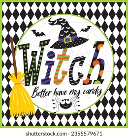 Halloween background with witch hat and broomstick