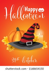 Halloween background with witch hat, pumpkin, candle, autumn leaves, berries and Happy Halloween 31st October text.