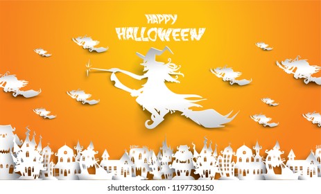 Halloween background with witch, haunted house and broomstick in paper art carving style. banner, poster, Flyer or invitation template party. Vector illustration.