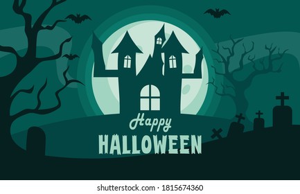Halloween background, Witch, Haunted House, Pumpkins and Bats.