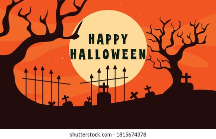 Halloween background, Witch, Haunted House, Pumpkins and Bats.