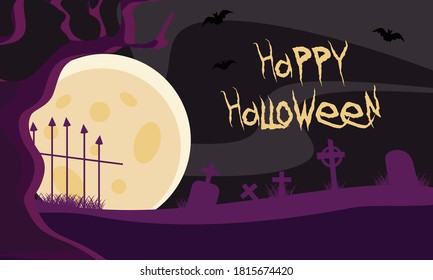 Halloween background, Witch, Haunted House, Pumpkins and Bats.