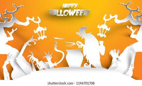 Halloween background with witch, haunted tree, and zombie hand in paper art carving style. banner, poster, Flyer or invitation template party. Vector illustration.