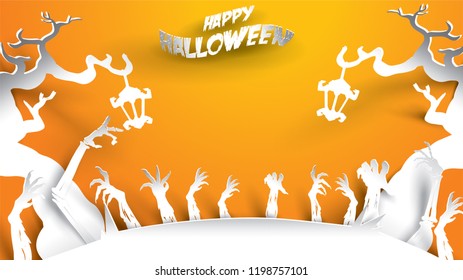 Halloween background with witch and haunted tree in paper art carving style. banner, poster, Flyer or invitation template party. Vector illustration.