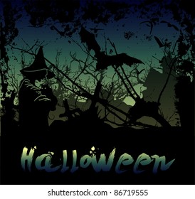 Halloween background with witch and hounted-house in the dark