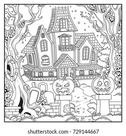 Halloween Background With Witch House Outlined For Coloring Page