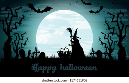 Halloween background with witch. Invitation for party. Mix of Various Spooky Creatures, Moon. Halloween night vector illustration. Halloween background with scary graveyard. 