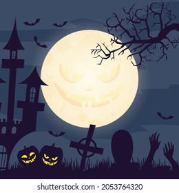 Halloween background with witch. Invitation for party. Mix of Various Spooky Creatures, Moon. Halloween night vector illustration. Halloween background with scary graveyard.
